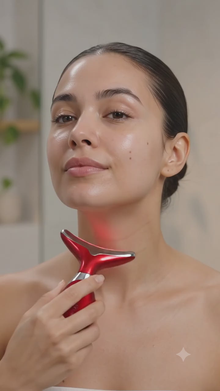 Load video: Rejuvenate your skincare routine with the 3-in-1 LED Facial &amp; Neck Lifting Massager, designed to help your skin look smoother, firmer, and more refreshed. Combining LED light therapy, gentle vibration massage, and warming technology, this handheld beauty device enhances your daily skincare routine by helping skincare products absorb more effectively while providing a relaxing facial massage.Its ergonomic T-shaped design fits comfortably around the neck, jawline, cheeks, and forehead, making it ideal for at-home facial care. With multiple light modes and massage settings, you can customize your treatment for a spa-like experience anytime.Key Features✨ 3-in-1 Beauty TechnologyLED Light TherapyGentle Vibration MassageWarm Compress Function🌈 3 LED Light ModesRed Light: Helps improve the appearance of skin firmness and supports a youthful-looking complexion.Blue Light: Helps maintain clearer-looking skin and refreshes the skin's appearance.Green Light: Helps brighten dull-looking skin and promotes a more even-looking complexion.💆 Facial &amp; Neck MassageDesigned to massage the face, neck, jawline, forehead, and chin.🔥 Comfortable Warm TherapyGentle warming function enhances relaxation and helps skincare products spread more evenly.🔋 Rechargeable &amp; PortableUSB rechargeable for convenient cordless use at home or while traveling.🤲 Ergonomic T-Shape DesignSmooth curved massage head glides comfortably across the skin.🎯 One-Button OperationEasy to switch between different massage and LED modes.BenefitsHelps improve the appearance of skin firmness.Supports a smoother and more radiant complexion.Helps reduce the appearance of tired-looking skin.Promotes better absorption of skincare products.Provides a relaxing facial massage experience.Suitable for daily skincare routines.Compact and travel-friendly.How to UseClean and dry your face and neck.Apply your favorite serum, essence, or moisturizer.Turn on the device by pressing the power button.Select your preferred LED light mode.Gently massage your face and neck using upward motions for 5–10 minutes.Use 3–5 times per week for best results.Product SpecificationsFeatureDetailsProduct Name3-in-1 LED Facial &amp; Neck Lifting MassagerFunctionsLED Light Therapy, Vibration Massage, Warm TherapyLED ColorsRed, Blue, GreenPower SourceUSB RechargeableMaterialABS Plastic + Metal Massage HeadChargingUSB ChargingUsage AreaFace, Neck, Jawline, Chin, ForeheadOperationOne-Button ControlColorRed &amp; Silver